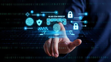 Cyber security system and data protection concept. Man using fingerprint scanning access data with data center as background, biometric identity, data encryption for network security of cyber attack 