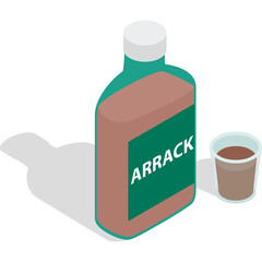 Green Bottle With Brown Liquid And White Cap Next To A Small Clear Cup With Brown Liquid And White Background