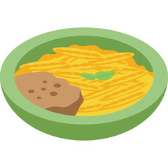 Green bowl filled with yellow pasta and a brown meatball topped with a green herb leaf on a transparent background