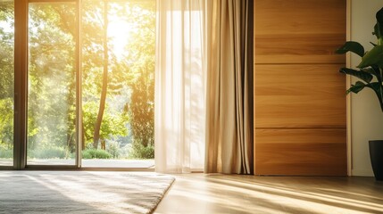 Bright sunny room with glass doors open to green foliage