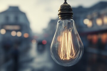 Vintage Lightbulb Hanging Over Blurred Cityscape