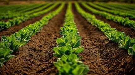 Rows of young green leafy plants in rich brown soil