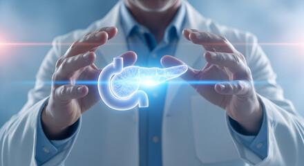 Doctor's hands protect glowing digital pancreas, symbolizing health and care