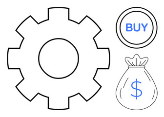 Gear symbolizing workflow, buy button, and money bag linked to economic activity and financial systems. Ideal for commerce, investment, business strategy, financial management, procurement, work