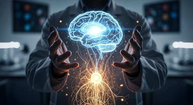 Scientist presents glowing brain visualization, symbolizing innovative neuroscience and medical breakthroughs