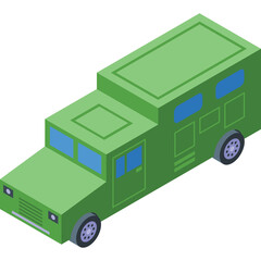 Green isometric camper van with blue windows on a white background isolated illustration