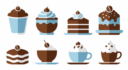 Fototapeta premium A flat design icon set featuring a collection of various sweet coffee and chocolate desserts, cakes, cupcakes, and beverages