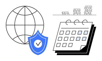 Earth globe with a shield icon, a calendar, and stacked coins representing security, time management, and finance. Ideal for business planning, protection, global strategy, financial organization