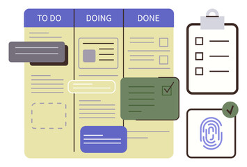 Kanban-style board with To Do, Doing, and Done columns, checklist on clipboard, verified fingerprint. Ideal for productivity, teamwork, project planning, task tracking organization workflow design © robu_s