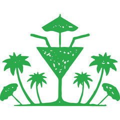 Green Outline Graphic of a Cocktail Glass with Palm Trees and an Umbrella Symbolizing Tropical Vacation Relaxation and Celebration