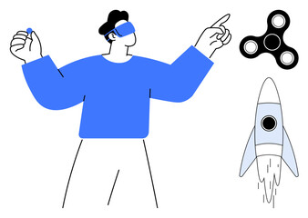 Man wearing VR headset, holding controls, pointing at abstract elements including fidget spinner and rocket launch. Ideal for technology, innovation, gaming, virtual worlds, creativity, future
