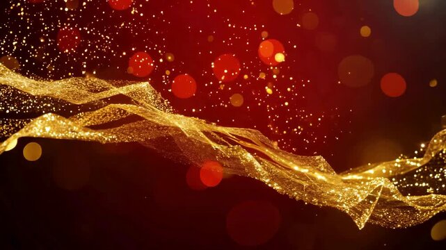 Abstract visual featuring a flowing ribbon of golden particles against a rich red background with bright yellow/orange bokeh. A warm, luxurious, and dynamic backdrop for special events and promotions.