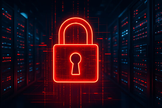 Digital Data Center Security with Red Padlock Icon and Futuristic Network Protection - Powered by Adobe