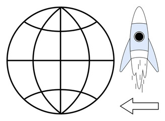 Rocket launch beside stylized globe and arrow pointing forward. Ideal for innovation, exploration, global connectivity, progress, technology, startups, future. Simple flat metaphor