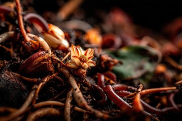 Closeup Of Flower Growing In Soil With Worms