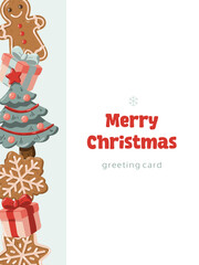 Happy Holidays greeting card with vertical line of gingerbread cookies. Winter poster. Hand drawn vector isolated illustration. 