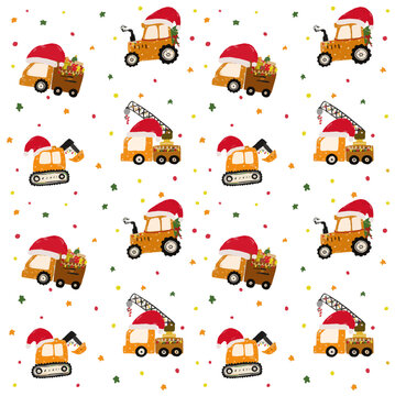 Cute seamless pattern under construction transportation vehicle in christmas xmas theme design kids doodle watercolor crayon illustration
