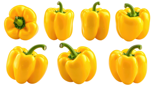 Yellow bell peppers on a black background, arranged in two rows, showing produce's shape, sheen and color