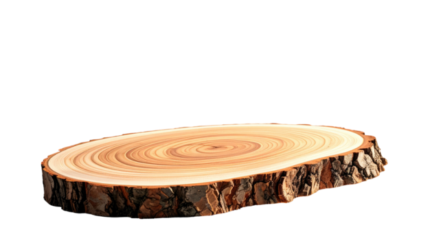 Wood slice with concentric rings, rustic bark edges, displayed on a black background, showing natural texture