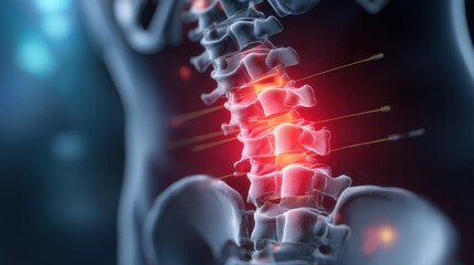 Medical illustration of spinal column with treatment probes.