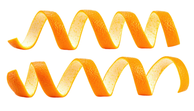 Two orange peel strips curled in wavy patterns isolated on a black background, highlighted with a yellow glow outline
