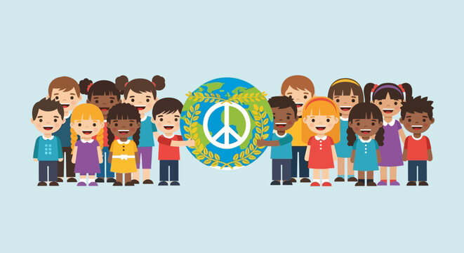 Illustration of diverse children standing together in front of a peace symbol and globe.