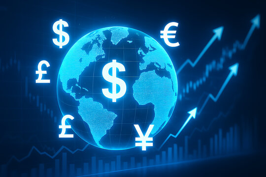 Global finance concept with digital earth and glowing currency symbols on blue background