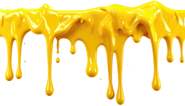 Thick yellow liquid drips and forms abstract, glossy patterns against a stark black background