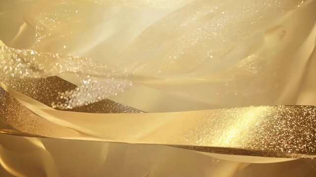 A shimmering, glitter-covered gold ribbon banner swirls elegantly across a bright, soft gold background with ambient light. Ideal for awards, wedding titles, or corporate intros.