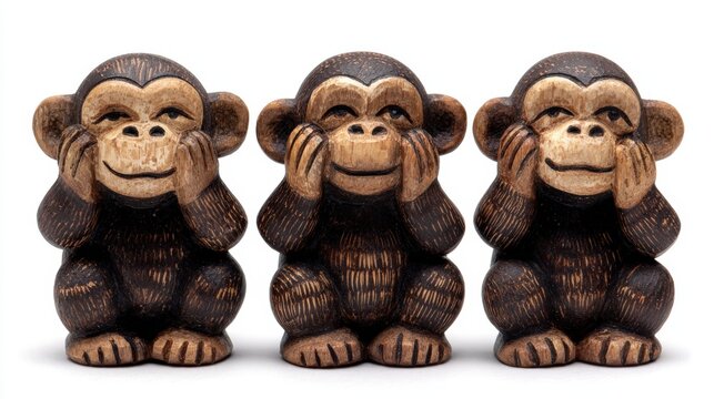 Three wise monkeys are depicted as wooden figurines covering their eyes, ears, and mouths.