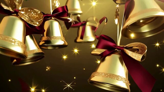 A luxurious 3D animation of shiny golden Christmas bells adorned with red and green ribbons, gently swinging and sparkling. Perfect for holiday greetings and events.