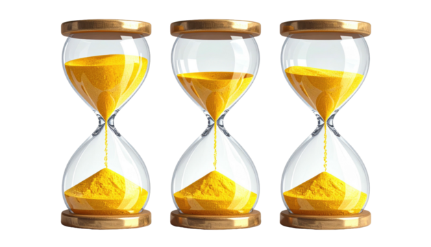 Three golden hourglasses with varying sand levels on a black background display time passing