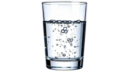 Clear glass partially filled with water, showing bubbles, against a solid black background