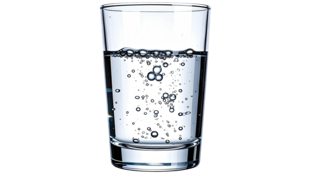 Clear glass partially filled with water, showing bubbles, against a solid black background