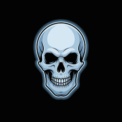 A striking illustration of a human skull, rendered with a bold and graphic style, set against a stark black background, evoking a sense of mystery and edge.