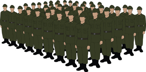 Obraz premium Military formation vector illustration, uniformed soldiers with helmets and boots, standing in rows for drill, inspection, or ceremonial discipline design