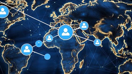 Global Connection: An interconnected digital network superimposed upon a map of the world. Each node representing a connection. Illustrating global communication, data flow. - Powered by Adobe