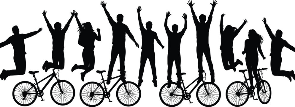 Silhouette vector illustration, group of people jumping with bicycles, joyful celebration pose, unity and energy concept for outdoor activity design