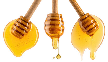 Three honey dippers dripping sweet golden liquid against a black background, showcasing natural sweetness
