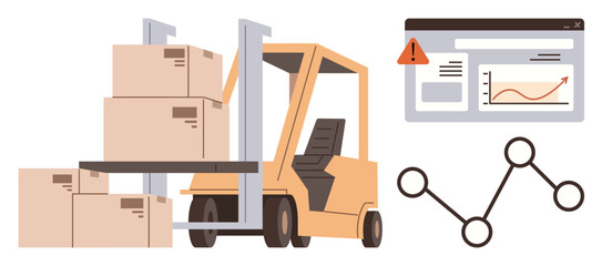 Forklift lifting stacked boxes beside data dashboard and network diagram. Ideal for logistics, automation, data analysis, supply chain, warehouse management, inventory, transportation. Simple flat