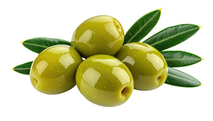 Four green olives with pimento stuffing, arranged with green leaves, centered against a stark black background