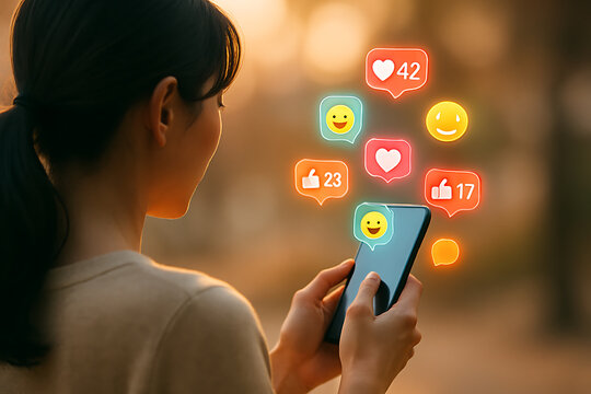 Woman holding smartphone with vibrant social media likes, emojis, and comment notifications