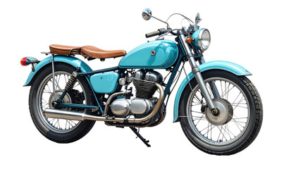 Turquoise motorcycle with a brown seat on black background. Vintage, classic aesthetic