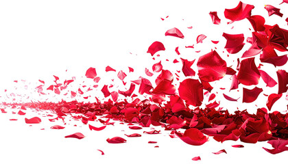 Red rose petals scatter across a black background, some in focus, forming a path fading into the distance