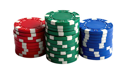 Three chip stacks red, green, and blue, arranged against a stark black background