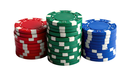 Three chip stacks red, green, and blue, arranged against a stark black background