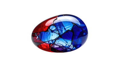 Glossy, egg-shaped object with fractured, colorful interior of reds, blues, and white against a solid black background