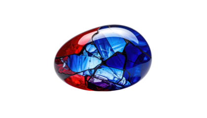 Glossy, egg-shaped object with fractured, colorful interior of reds, blues, and white against a solid black background