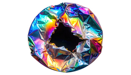 Iridescent hole object on black background wrinkled, reflective surface with rainbow-colored metallic shine