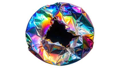 Iridescent hole object on black background wrinkled, reflective surface with rainbow-colored metallic shine